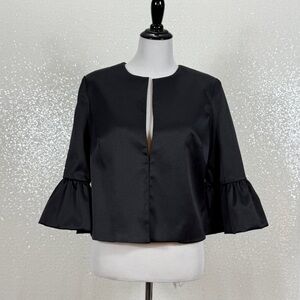 Sandra Darren Black Cropped Jacket Blazer Size S Bell Sleeve Satin Women’s